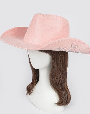 BRAVO PINK FAUX SUEDE COWBOY HAT WITH TRIPLE STAR RHINESTONE DESIGN