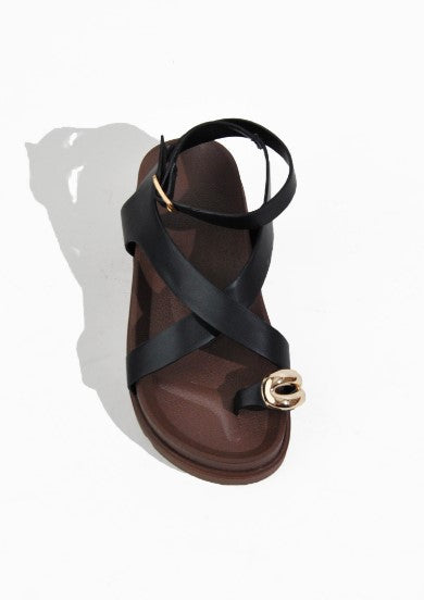 PROMISE Black Metal ring ankle strap sandal.