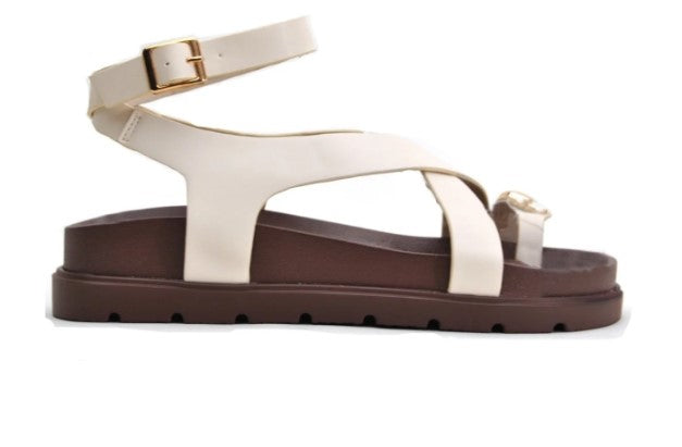 PROMISE Cream Metal ring ankle strap sandal.