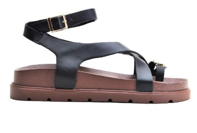 PROMISE Black Metal ring ankle strap sandal.