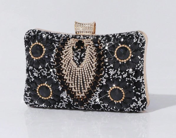 PALMA BLINGY CLUTCH WITH BLACK, GOLD AND CLEAR RHINESTONE BOTANICAL DESIGNS