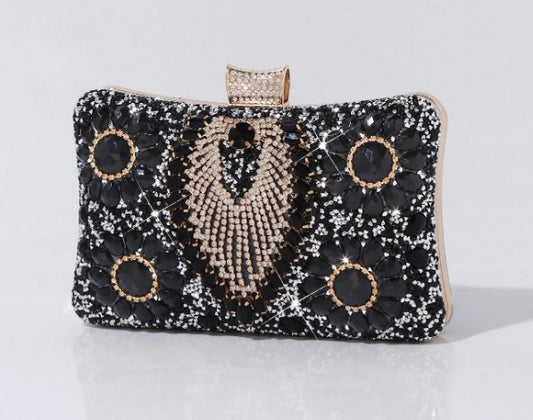 PALMA BLINGY CLUTCH WITH BLACK, GOLD AND CLEAR RHINESTONE BOTANICAL DESIGNS