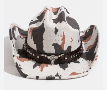 PASTURE COWBOY HAT IN COW PRINT -faux suede cowboy hat