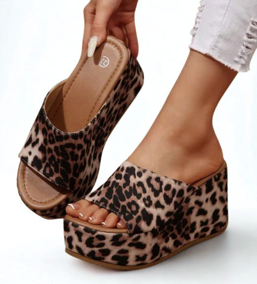 PROWLER LEOPARDPRINT FABRIC PLATFORM WEDGE SLIP ON MULE OPEN TOE SANDALS