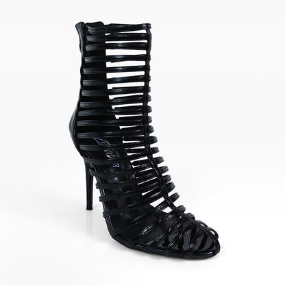 ROCKY-4 BLACK FAUX LEATHER STRAPPY STILETTO CAGE BOOT WITH BACK ZIP