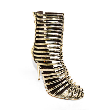 ROCKY-4 GOLD FAUX LEATHER STRAPPY STILETTO CAGE BOOT WITH BACK ZIP