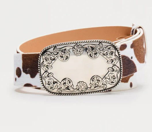 RANCHER FAUX COW HIDE BELT WITH SILVER PRONG BUCKLE