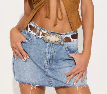 RANCHER FAUX COW HIDE BELT WITH SILVER PRONG BUCKLE