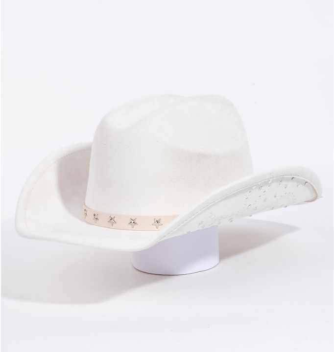 REBECCA IVORY FAUX SUEDE COWBOY HAT WITH SILVER STAR BAND AND STUDDED UNDERSIDE OF BRIM