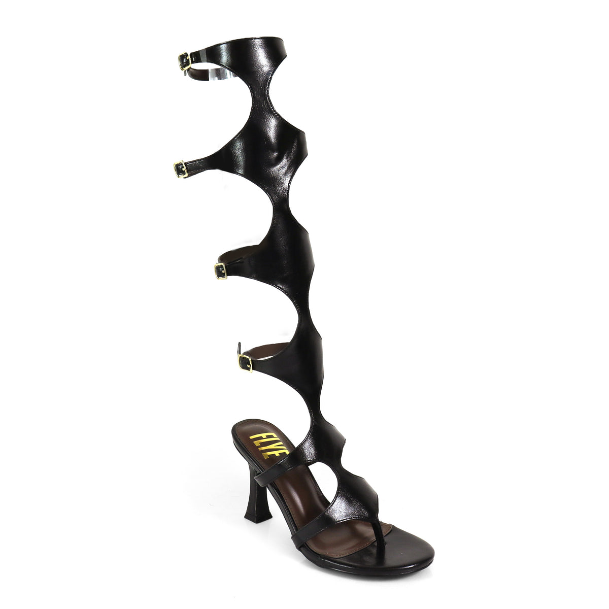 SANYANA-5 BLACK FAUX LEATHER BUCKLE UP OPEN TOE GLADIATOR SPLIT TOE THONG HEELS