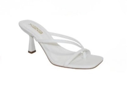 HALLIE-1 WHITE FAUX LEATHER STRAPPY SPLIT TOE SLIP-ON MULE KITTEN HEEL SANDALS