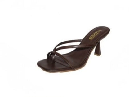 HALLIE-1 BROWN FAUX LEATHER STRAPPY SPLIT TOE SLIP-ON MULE KITTEN HEEL SANDALS