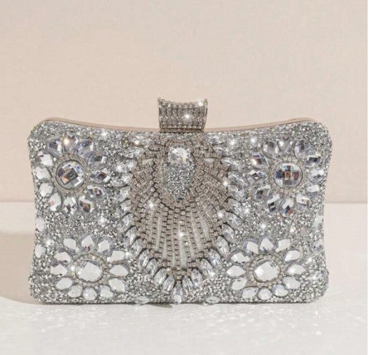 PALMA SILVER BLINGY CLUTCH WITH CLEAR RHINESTONE BOTANICAL DESIGNS