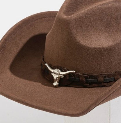HOMESTEAD BROWN FAUX SUEDE COWBOY HAT WITH BULL DETAIL