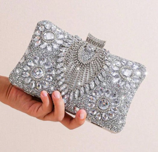 PALMA SILVER BLINGY CLUTCH WITH CLEAR RHINESTONE BOTANICAL DESIGNS