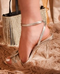 NARI-02 SILVER FAUX LEATHER OPEN TOE STILETTO WITH KNOTTED RHINESTONE VAMP
