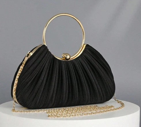 SYBIL BLACK SATIN PLEATED HARD CASE CLUTCH WITH GOLD TRIM AND HANDLE AND OPTIONAL GOLD CHAIN STRAP