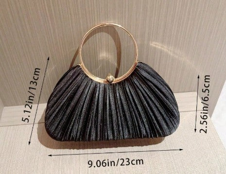 SYBIL BLACK SATIN PLEATED HARD CASE CLUTCH WITH GOLD TRIM AND HANDLE AND OPTIONAL GOLD CHAIN STRAP