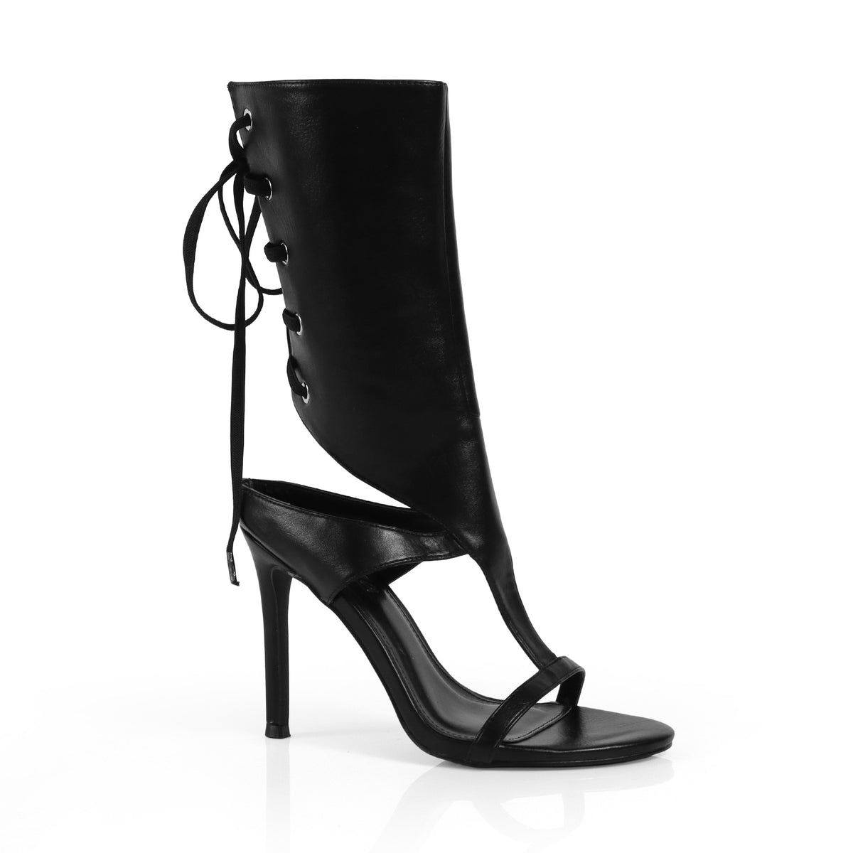 TISHA-148 BLACK FAUX LEATHER OPEN TOE T-STRAP HEEL WITH WIDE LACE UP ANKLE CUFF