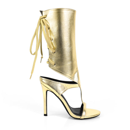 TISHA-148 GOLD FAUX LEATHER OPEN TOE T-STRAP HEEL WITH WIDE LACE UP ANKLE CUFF