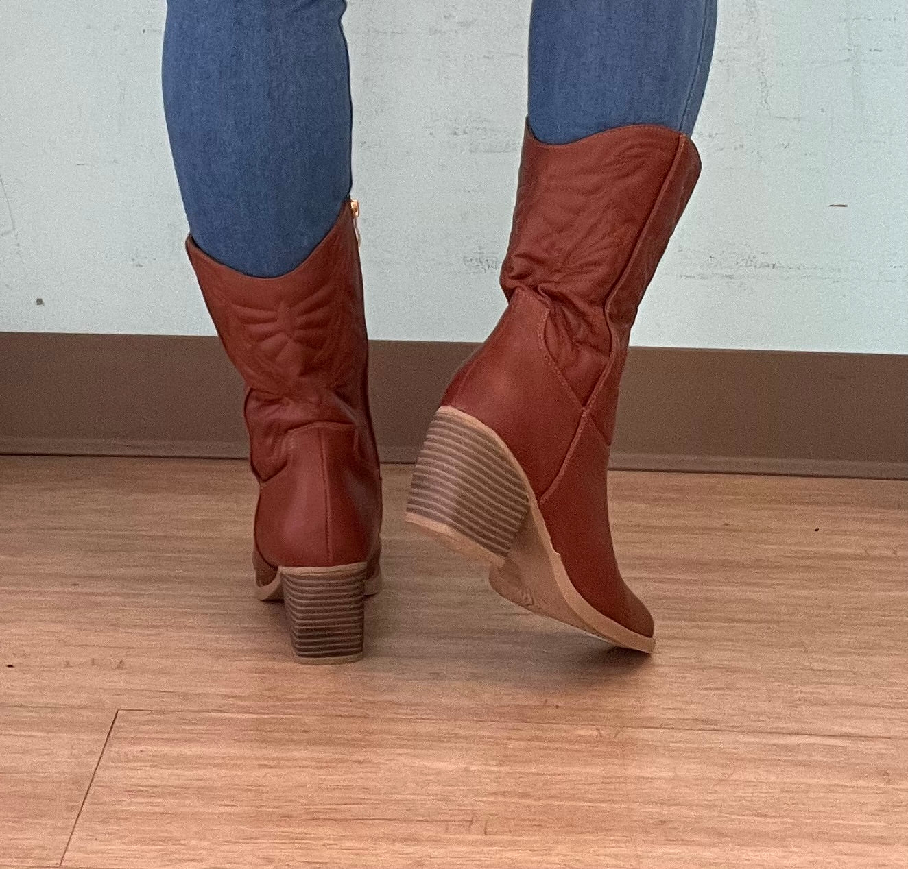 TEXAS-02

- Camel Tan Vegan Leather
- Mid-Calf Cowboy Boot
- Western Styling with Stitching Detail
- Inner Half Zipper Closure
- Pointy Toe
- Cone Block Heel, Approx. 3"