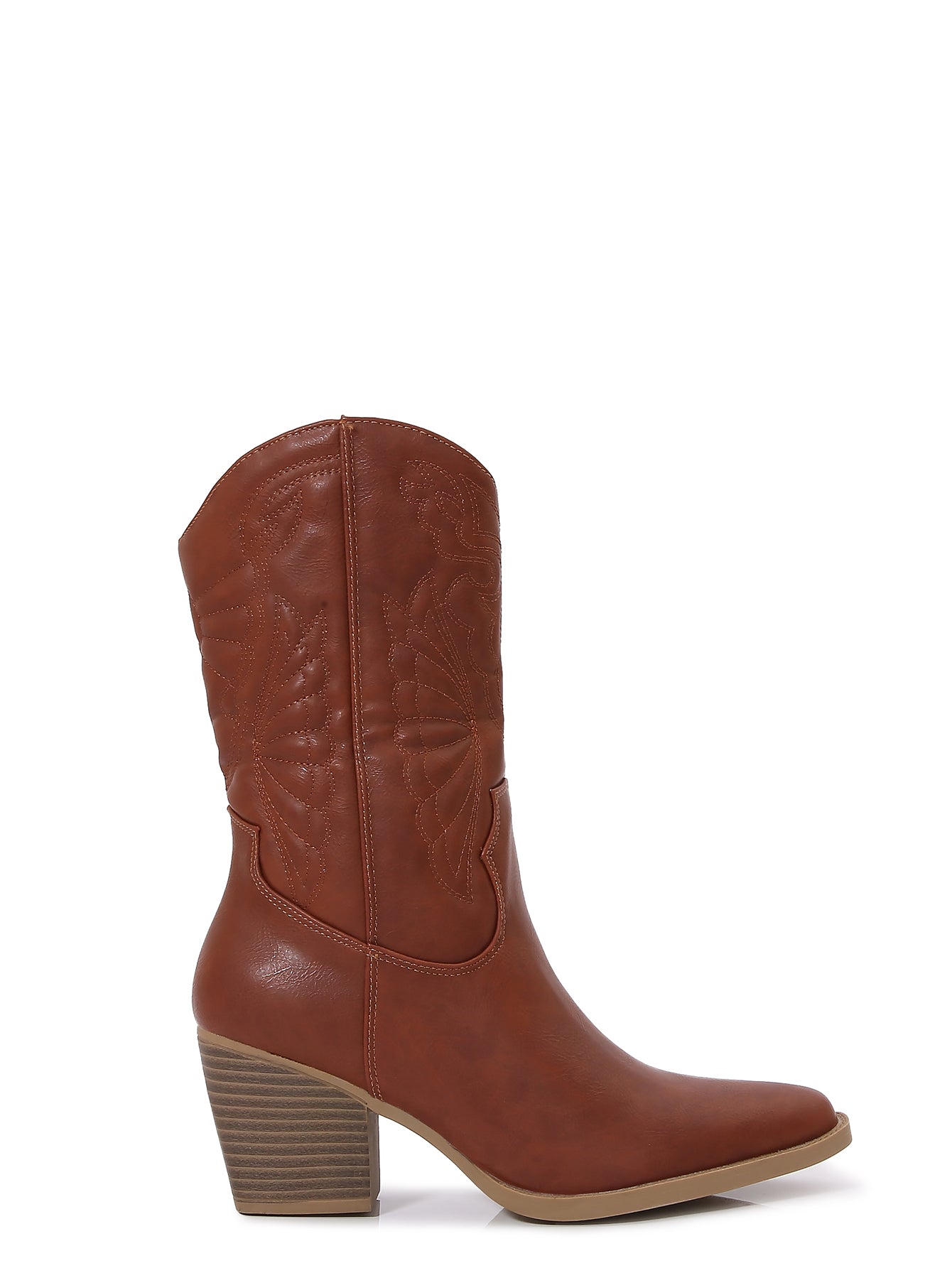 TEXAS-02

- Camel Tan Vegan Leather
- Mid-Calf Cowboy Boot
- Western Styling with Stitching Detail
- Inner Half Zipper Closure
- Pointy Toe
- Cone Block Heel, Approx. 3"