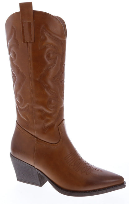Top Moda ELK-1 Tan

- Tan Brown Faux Leather Cowboy Boot
- Western Styling
- Mid-Calf
- Stitching Detail
- Pointy Toe
- Stacked Heel, Approx. 2.5"