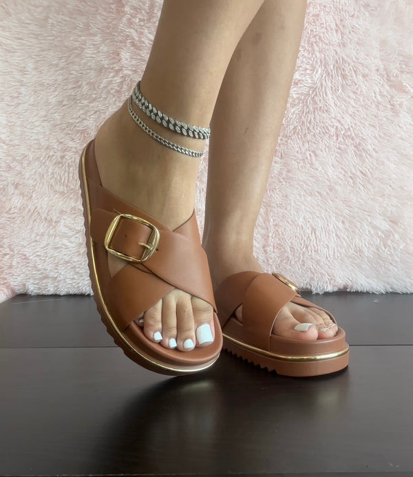 Top Moda POTTER-1 Tan

- Tan Criss Cross Strap Sandal
- Open Toe
- Buckle Detail
- Slip-On Slide
- Flatform Sole with Gold Trim, Approx. 2"