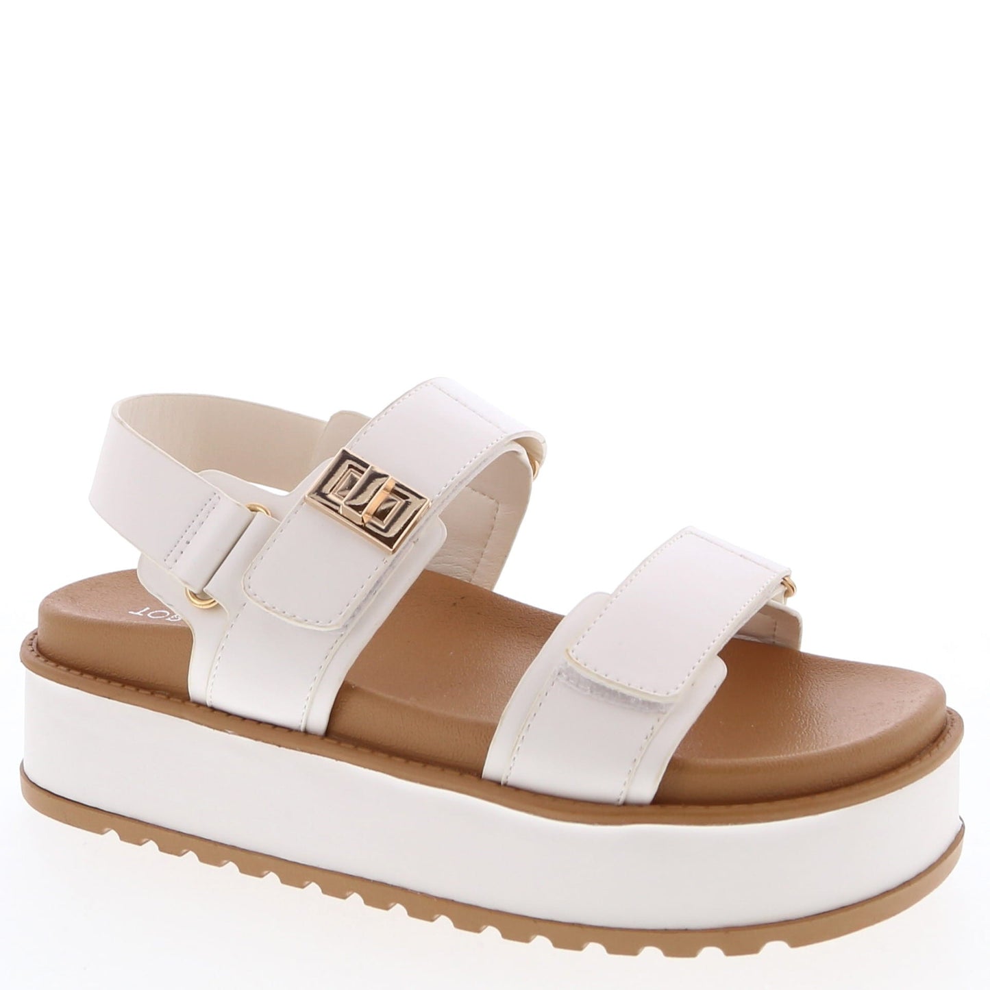 Top Moda TRACI-1 white

- White Double Strap Sandal
- Open Toe
- Buckle Detail
- Slingback
- Flatform Sole, Approx. 2"
