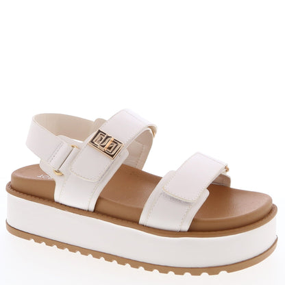 Top Moda TRACI-1 white

- White Double Strap Sandal
- Open Toe
- Buckle Detail
- Slingback
- Flatform Sole, Approx. 2"