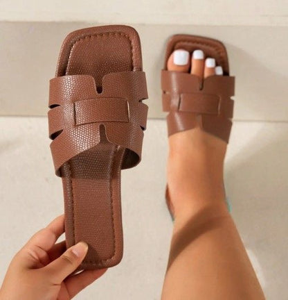 CAFE TAN FAUX LEATHER FLAT SLIP ON SLIDE SQUARE OPEN TOE SANDAL WITH WOVEN DESIGN
