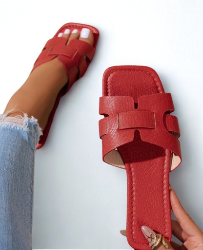 CAFE RED FAUX LEATHER FLAT SLIP ON SLIDE SQUARE OPEN TOE SANDAL WITH WOVEN DESIGN