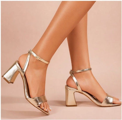 HANIA GOLD TRIANGULAR BLOCK HEEL SANDAL