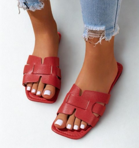 CAFE RED FAUX LEATHER FLAT SLIP ON SLIDE SQUARE OPEN TOE SANDAL WITH WOVEN DESIGN