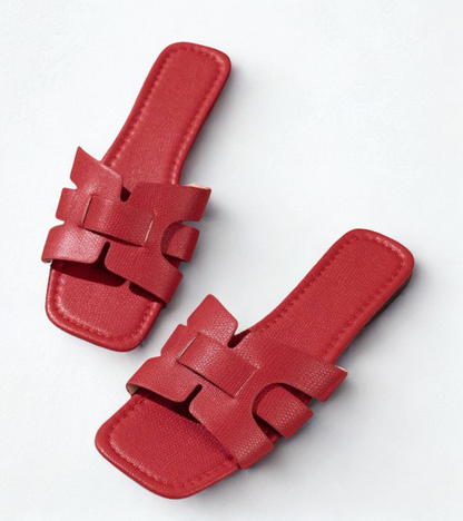 CAFE RED FAUX LEATHER FLAT SLIP ON SLIDE SQUARE OPEN TOE SANDAL WITH WOVEN DESIGN