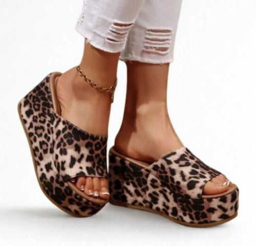 PROWLER LEOPARDPRINT FABRIC PLATFORM WEDGE SLIP ON MULE OPEN TOE SANDALS