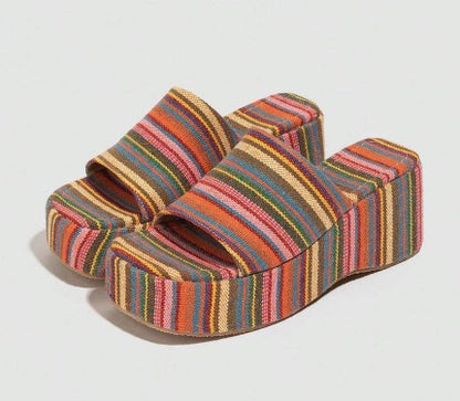 VACAY VIBES STRIPED PRINT FABRIC PLATFORM WEDGE SLIP ON MULE OPEN SQUARE TOE SANDALS