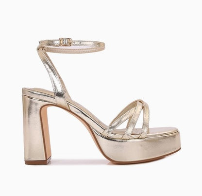 ADELAIDE GOLD FAUX LEATHER CHUNKY PLATFORM BLOCK HEELS