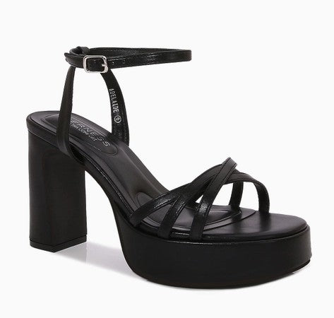 ADELAIDE BLACK FAUX LEATHER CHUNKY PLATFORM BLOCK HEELS
