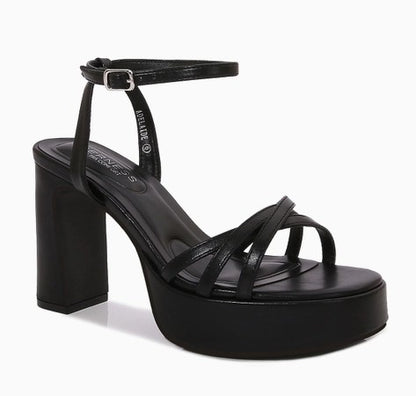 ADELAIDE BLACK FAUX LEATHER CHUNKY PLATFORM BLOCK HEELS