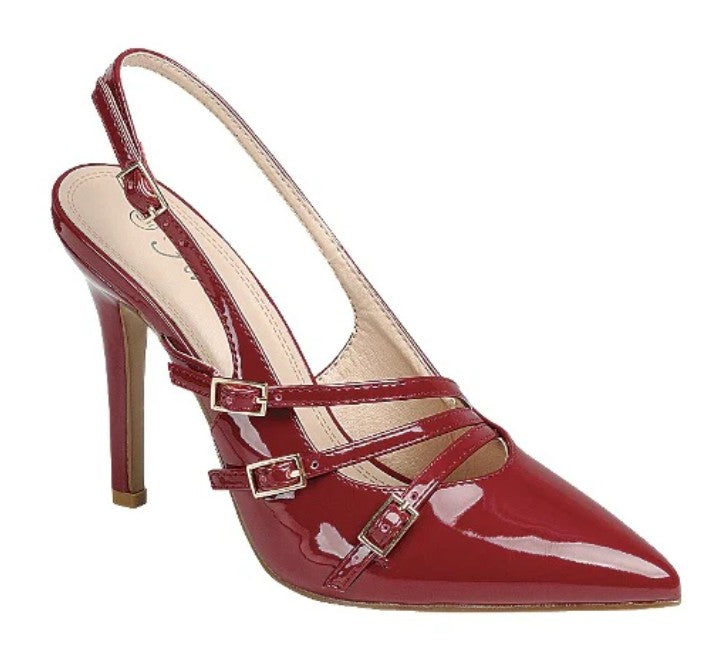 AILSA-20 PATENT LEATHER POINTY TOE SLING BACK PUMP Wine