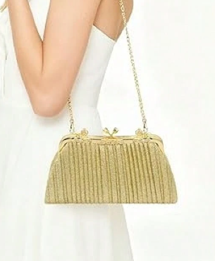 ALEXSIS GOLD HARD CASE CLUTCH WITH PLEATED SHIMMERY GLIITERY FABRIC WITH GOLD TWIST CLOSURE AND HANDLE