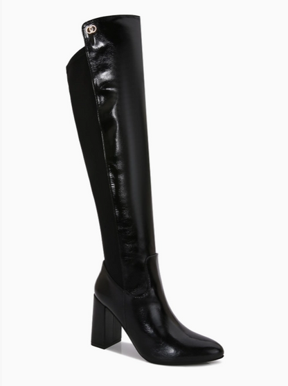 ALONDRA BLACK SHINY FAUX LEATHER SLEEK KNEE HIGH BLOCK HEEL BOOT WITH STRETCH
