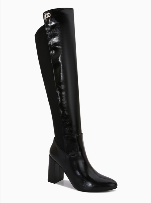 ALONDRA BLACK SHINY FAUX LEATHER SLEEK KNEE HIGH BLOCK HEEL BOOT WITH STRETCH