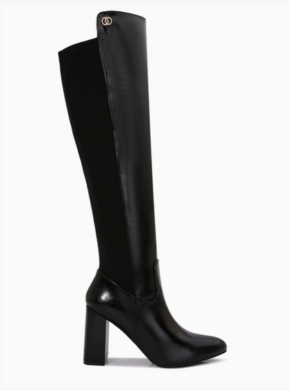 ALONDRA BLACK SHINY FAUX LEATHER SLEEK KNEE HIGH BLOCK HEEL BOOT WITH STRETCH