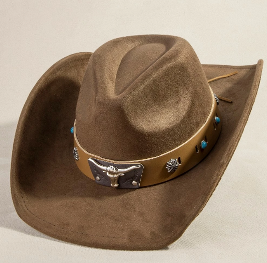 AMARILLO BROWN FAUX SUEDE COWBOY HAT WITH TAN FAUX LEATHER BAND EMBELISHED WITH SILVER CHARMS TURQUOISE STONES AND A LARGE SILVER BULLHEAD
