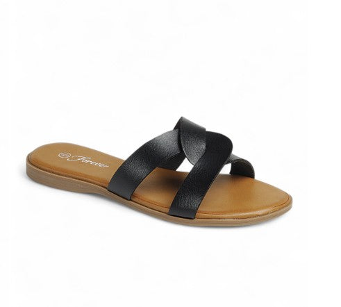 AMPLE-77 BLACK FLAT SANDAL WITH KNOT DESIGN