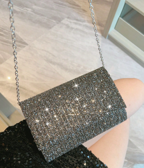 BEV BLACK ENVELOPE STYLE DRESSY EVENING BAG CLUTCH COVERED IN GUNMETAL/HEMATITE COLORED STONES
