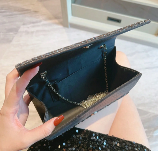 BEV BLACK ENVELOPE STYLE DRESSY EVENING BAG CLUTCH COVERED IN GUNMETAL/HEMATITE COLORED STONES