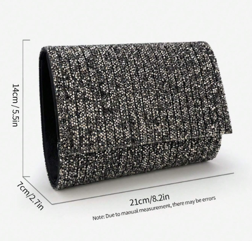 BEV BLACK ENVELOPE STYLE DRESSY EVENING BAG CLUTCH COVERED IN GUNMETAL/HEMATITE COLORED STONES